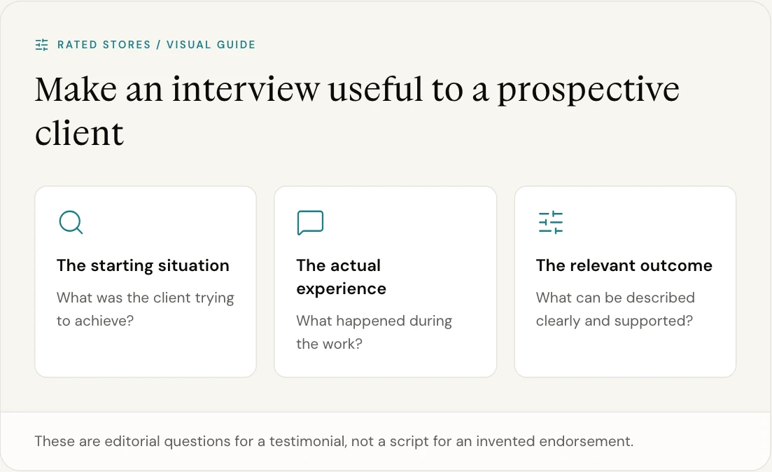 These are editorial questions for a testimonial, not a script for an invented endorsement.