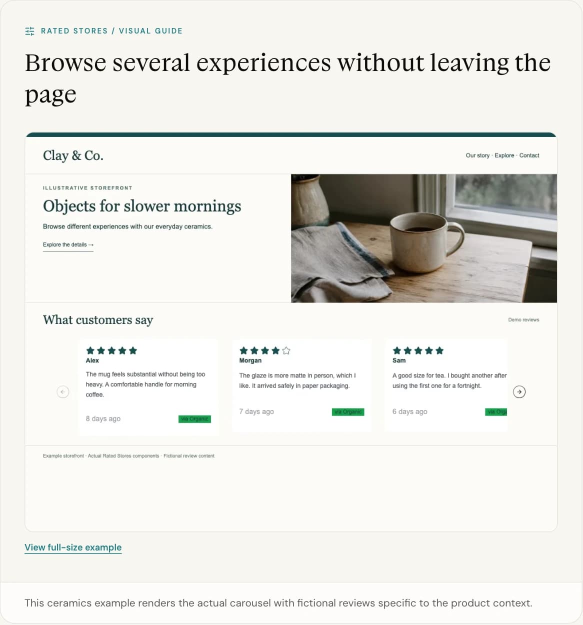 This ceramics example renders the actual carousel with fictional reviews specific to the product context.