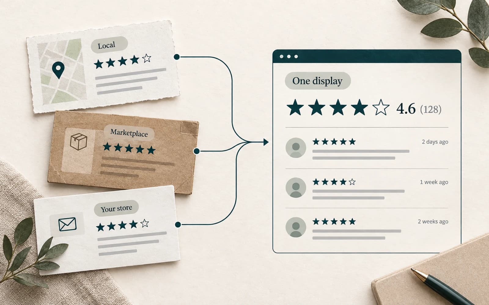 One review display, several sources