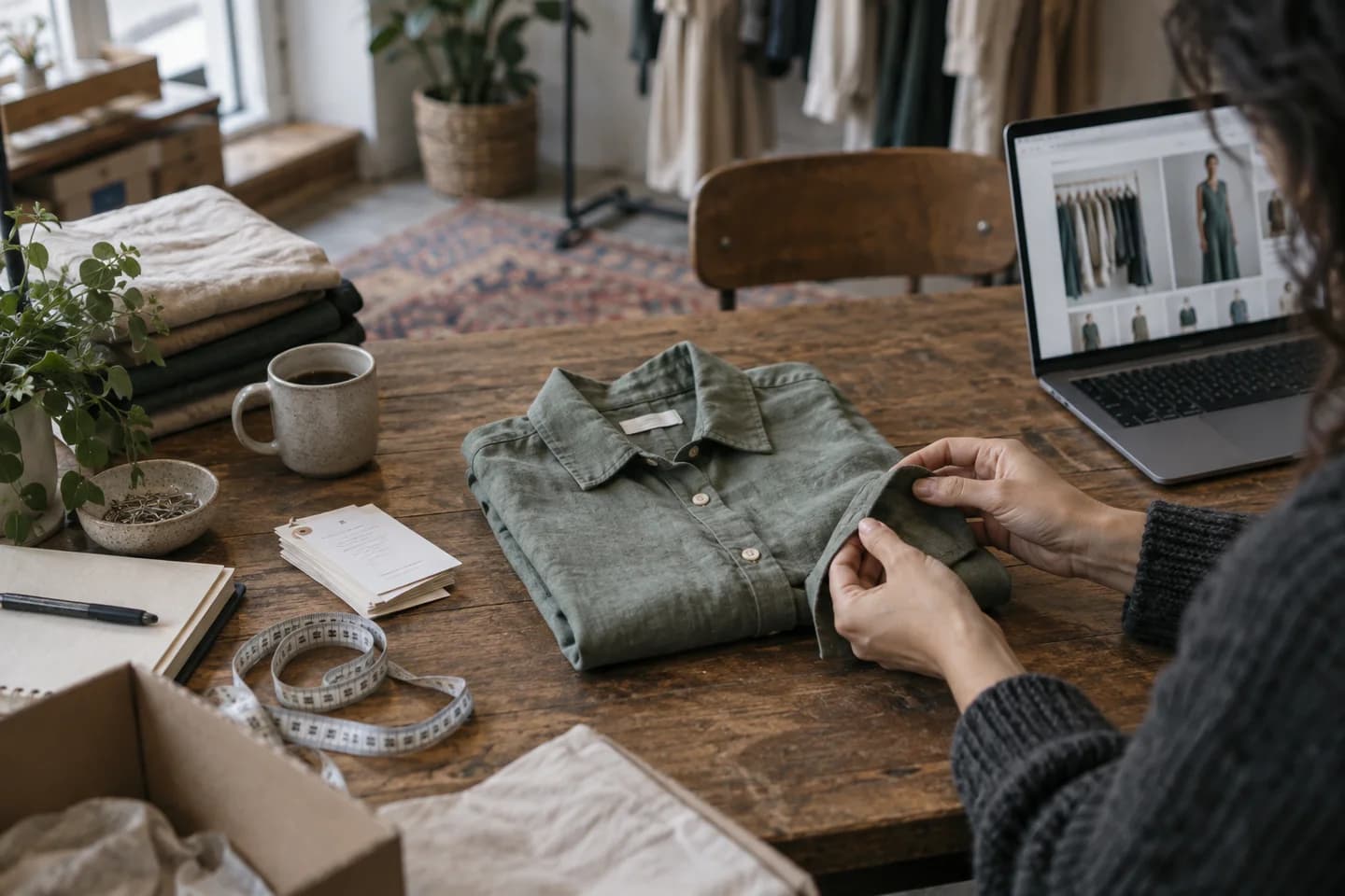 Overhead editorial photograph of a small clothing brand's worktable: a folded sage linen shirt, a tape measure, a small stack of customer return cards with writing too small to read, open laptop at one edge showing a softly defocused clothing storefront