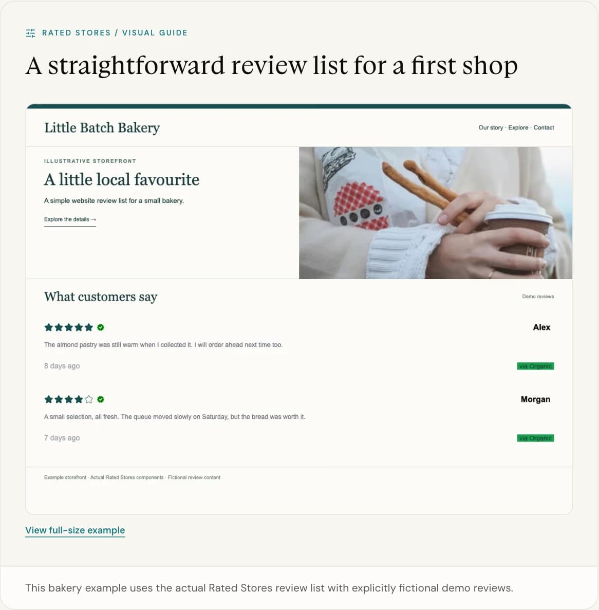 This bakery example uses the actual Rated Stores review list with explicitly fictional demo reviews.