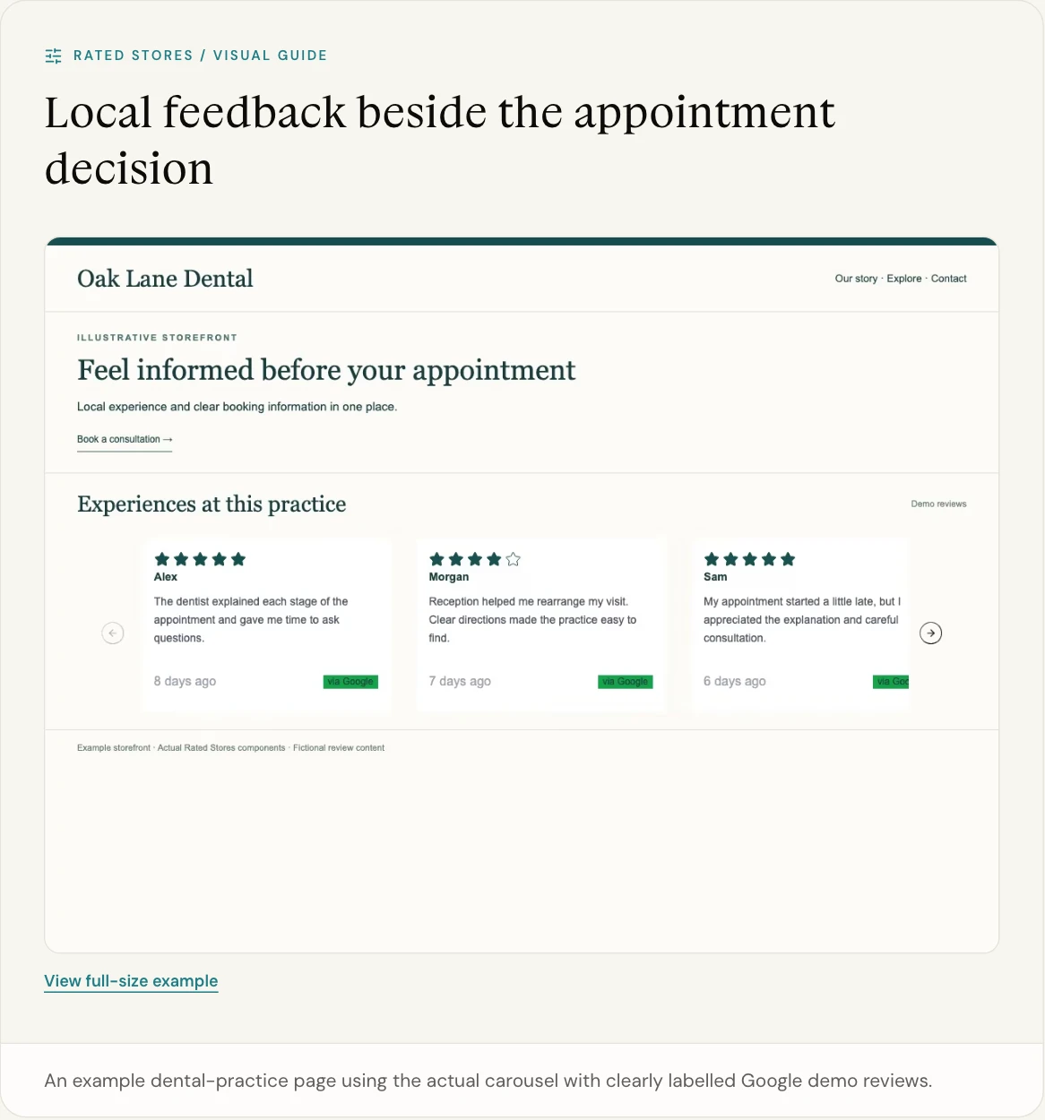 An example dental-practice page using the actual carousel with clearly labelled Google demo reviews.