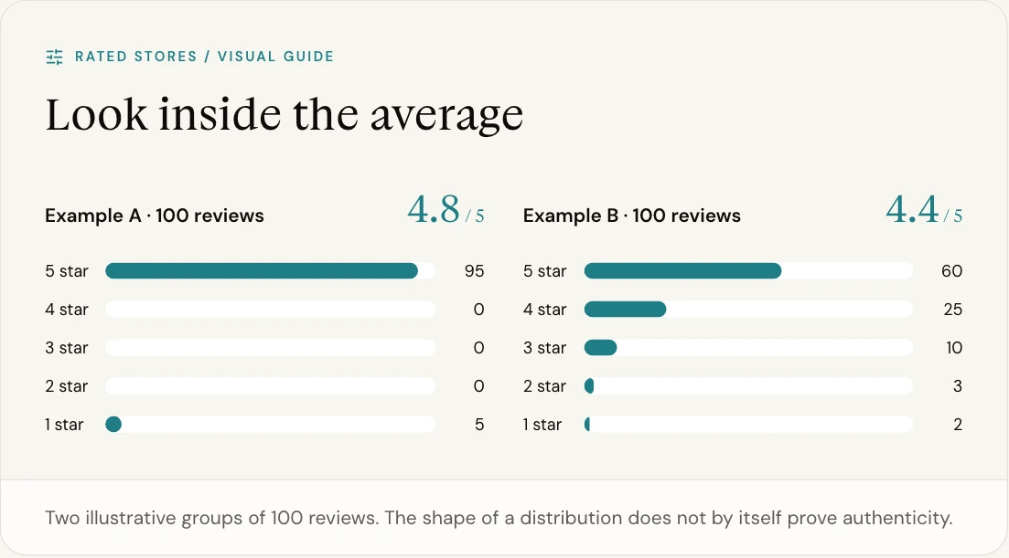 Two illustrative groups of 100 reviews. The shape of a distribution does not by itself prove authenticity.