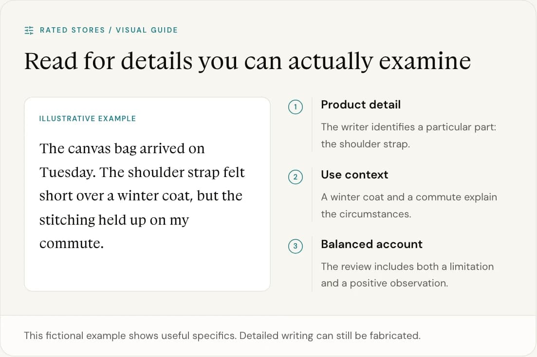 This fictional example shows useful specifics. Detailed writing can still be fabricated.