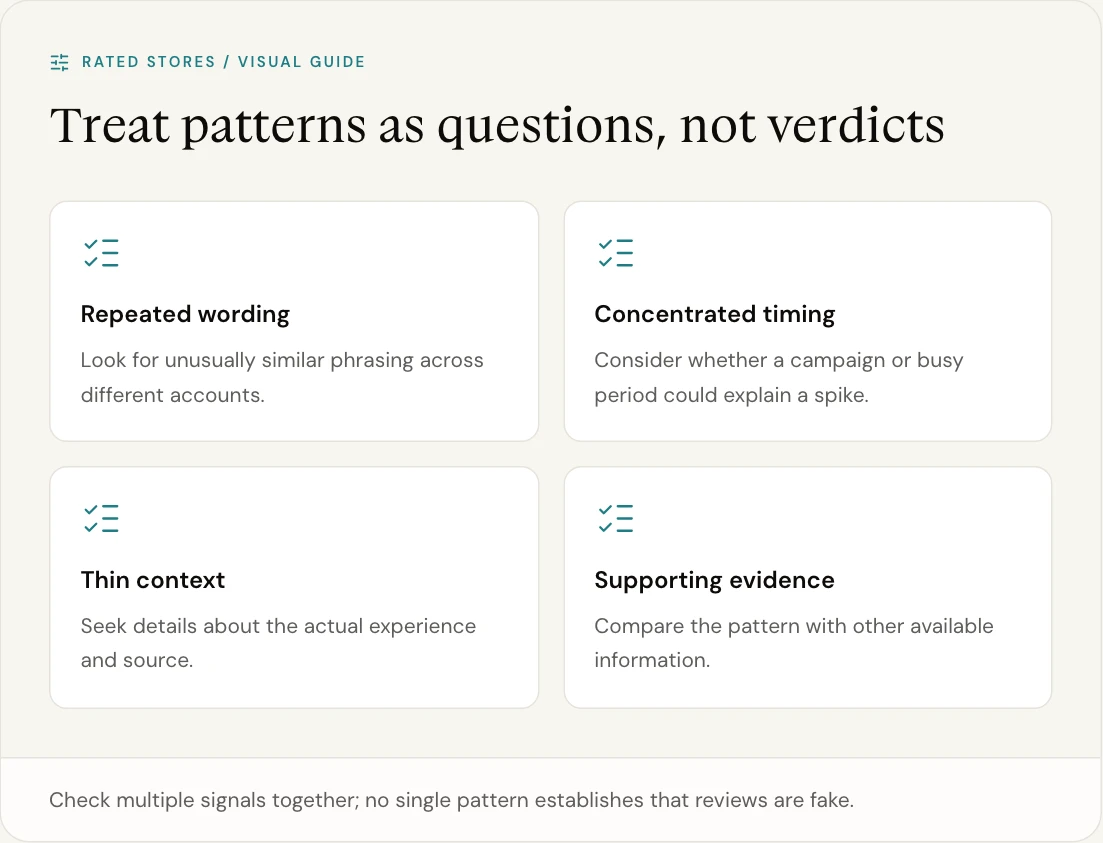 Check multiple signals together; no single pattern establishes that reviews are fake.