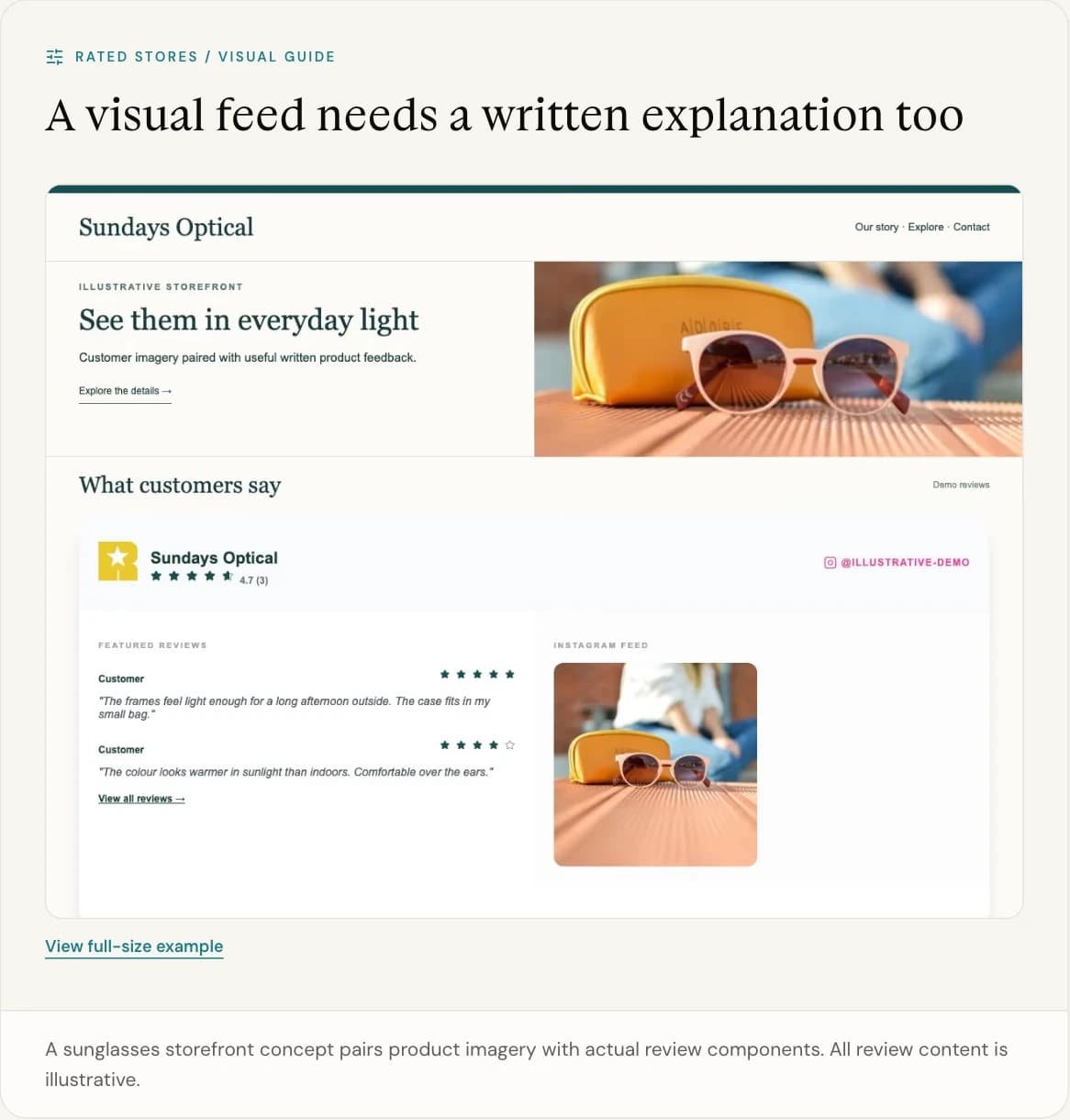 A sunglasses storefront concept pairs product imagery with actual review components. All review content is illustrative.