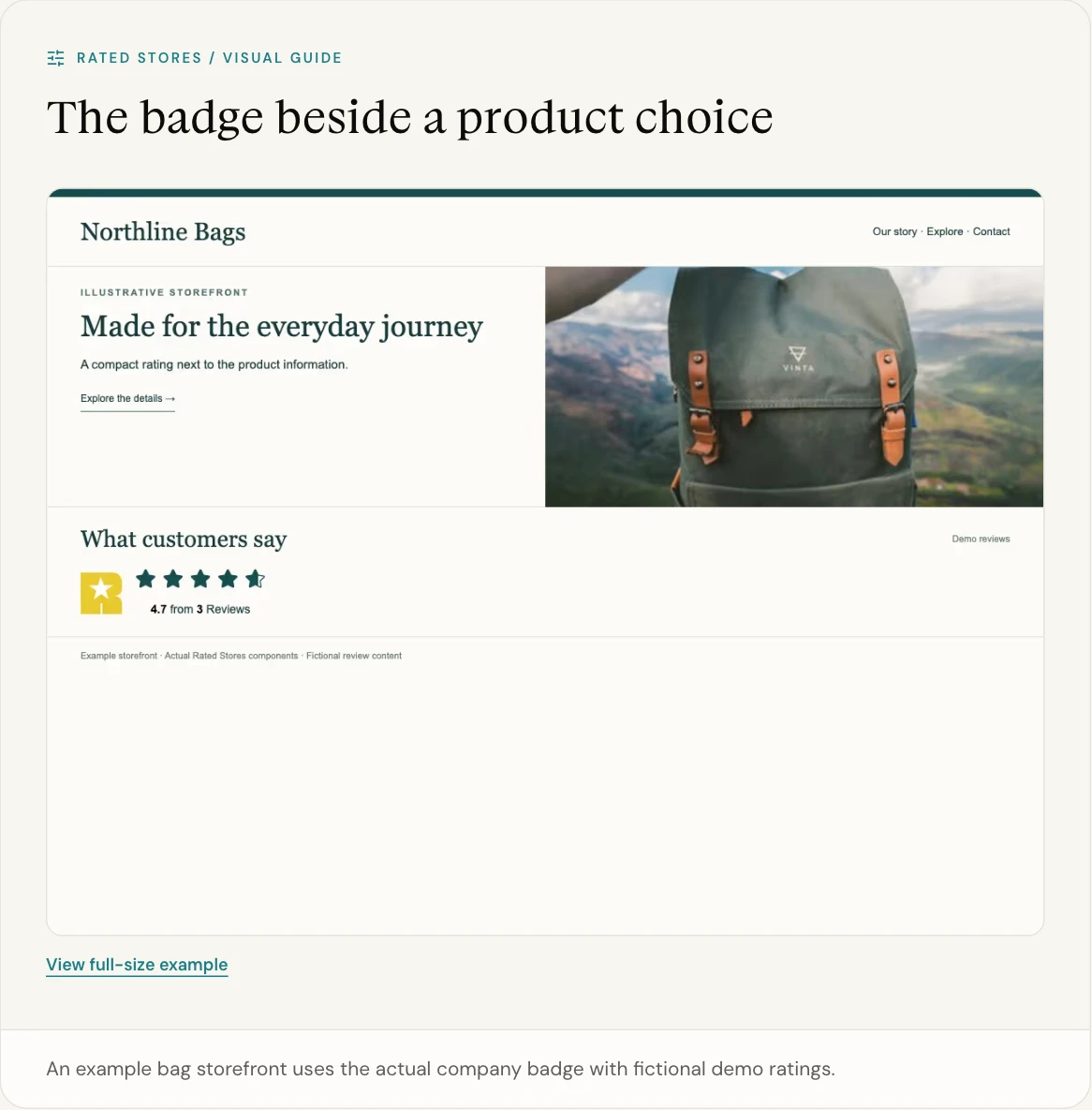 An example bag storefront uses the actual company badge with fictional demo ratings.