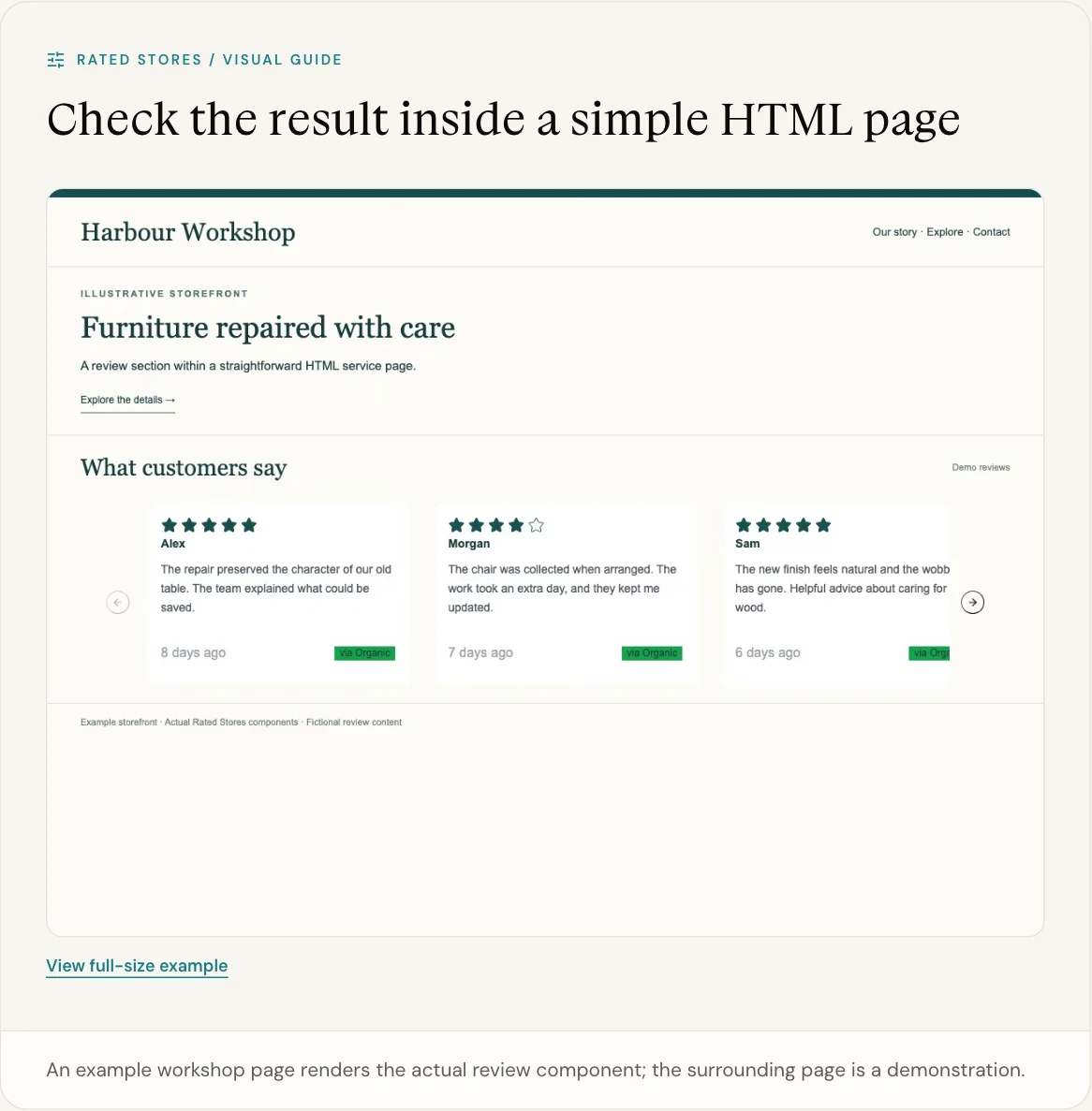 An example workshop page renders the actual review component; the surrounding page is a demonstration.
