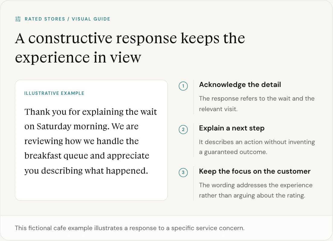 This fictional cafe example illustrates a response to a specific service concern.