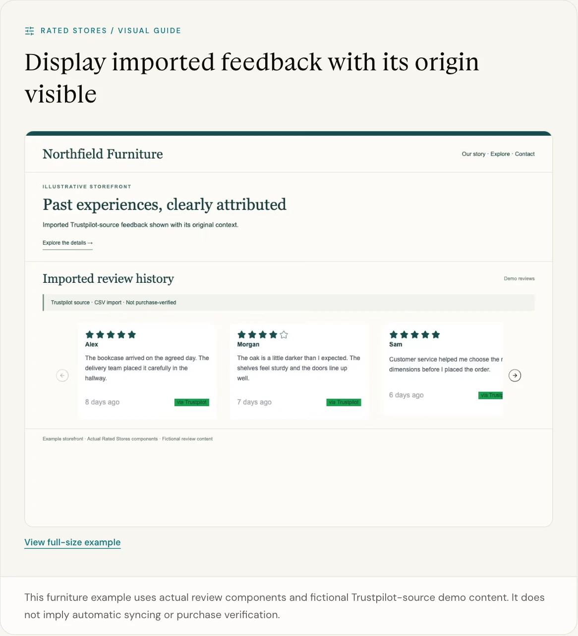 This furniture example uses actual review components and fictional Trustpilot-source demo content. It does not imply automatic syncing or purchase verification.
