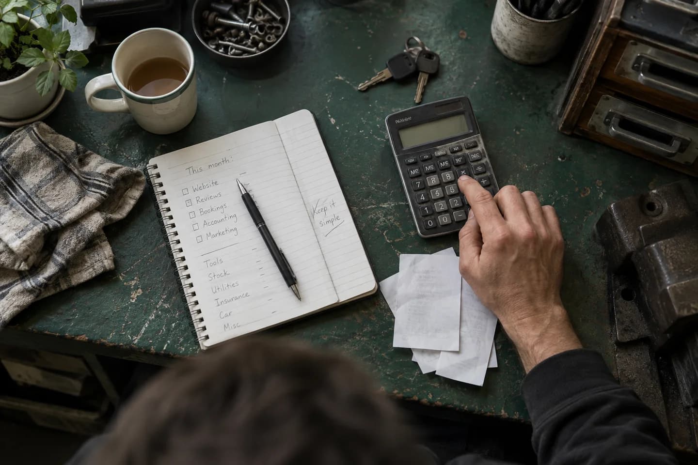 Tight overhead editorial still life of a small repair shop's end-of-month budgeting: well-worn calculator, ruled notebook with indistinct handwriting, receipts face down, a couple of keys and a half-drunk cup of tea on a scratched green workbench