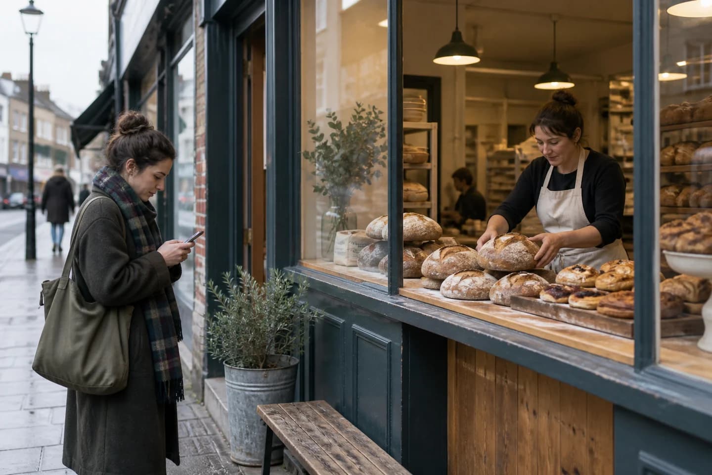 Street-level editorial photograph of an independent neighbourhood bakery at opening time, a customer checks their phone just outside while the baker sets fresh bread in the window, shop signage cropped out or unreadable