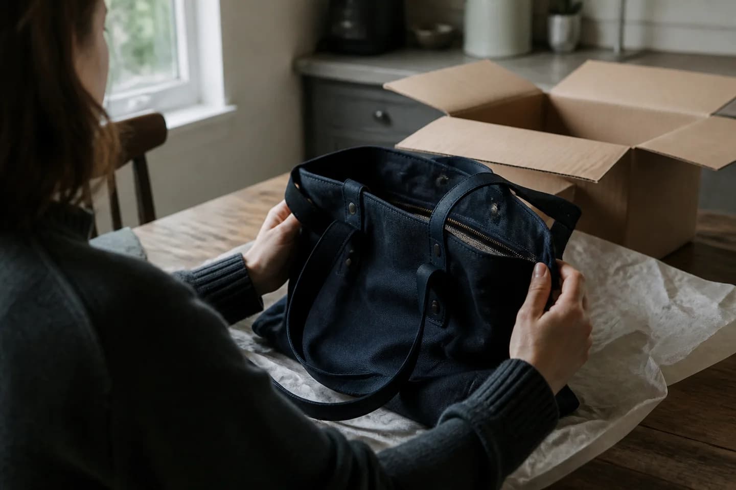 A customer checking the details of a newly delivered canvas bag
