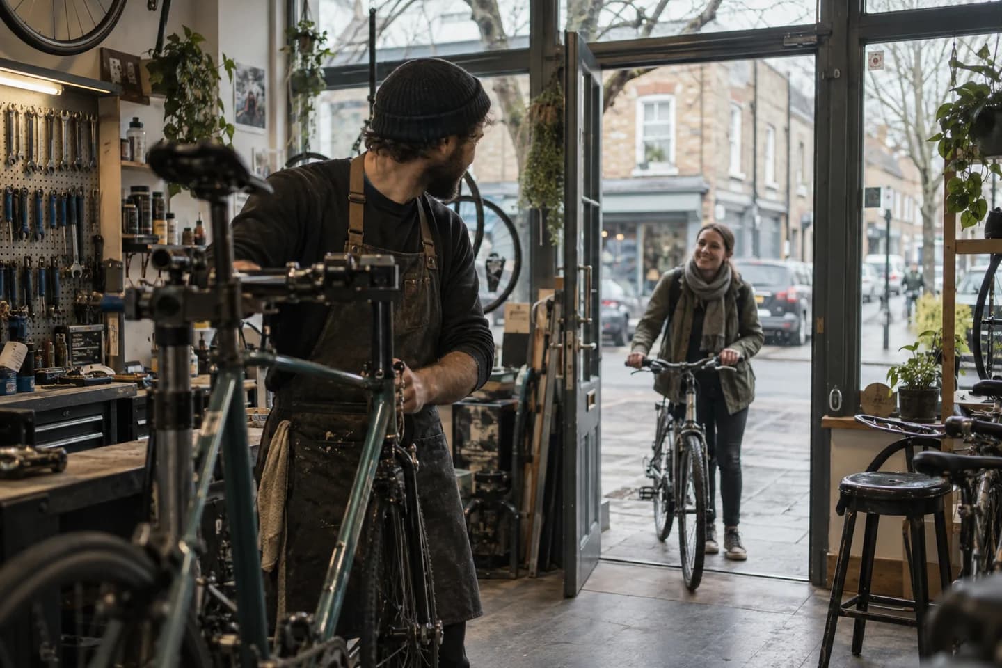 Editorial photograph from inside a neighbourhood bicycle repair shop looking through the open doorway to a customer arriving with a bicycle; mechanic visible in the foreground beside a practical work stand