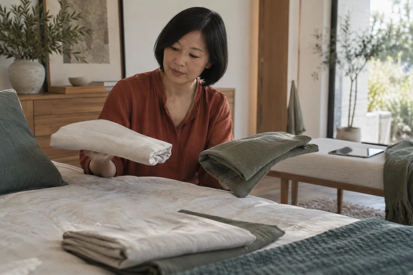 A premium bedding brand owner carefully comparing two folded linen pillowcases in a quiet light-filled showroom while a tablet rests on an upholstered bench, naturally imperfect scene