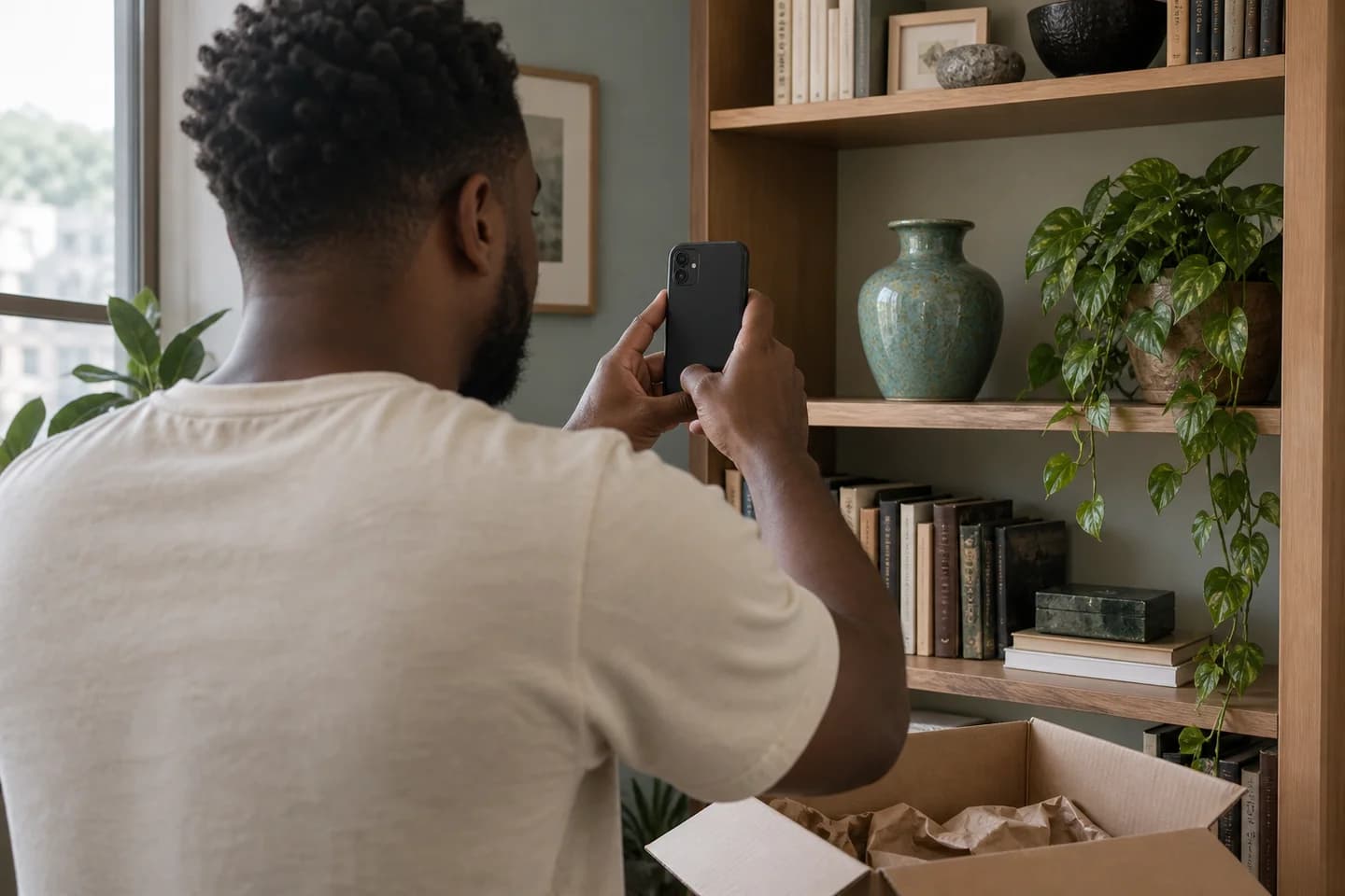 Close over-the-shoulder editorial photograph of a customer taking a natural phone photo of a newly delivered ceramic vase on their own bookshelf, opened plain parcel below, phone seen from rear so display text absent