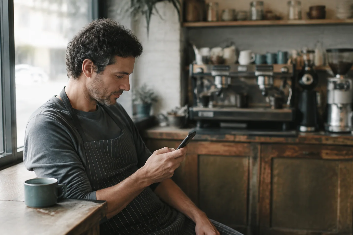 A cafe owner reading customer feedback during a quiet moment at the counter