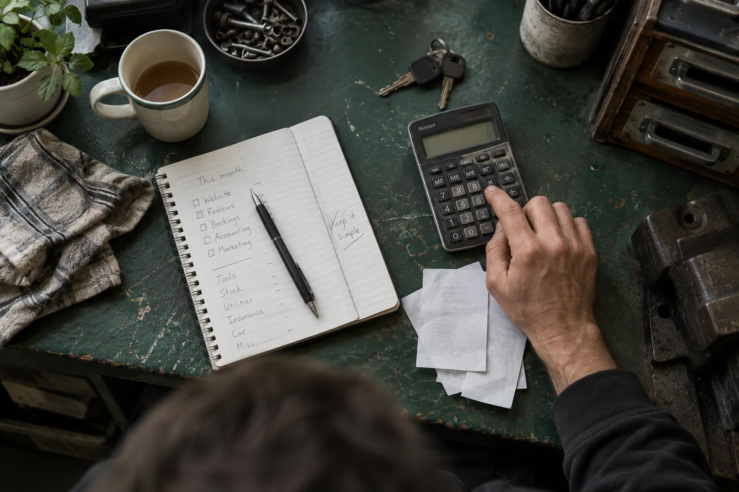 Tight overhead editorial still life of a small repair shop's end-of-month budgeting: well-worn calculator, ruled notebook with indistinct handwriting, receipts face down, a couple of keys and a half-drunk cup of tea on a scratched green workbench