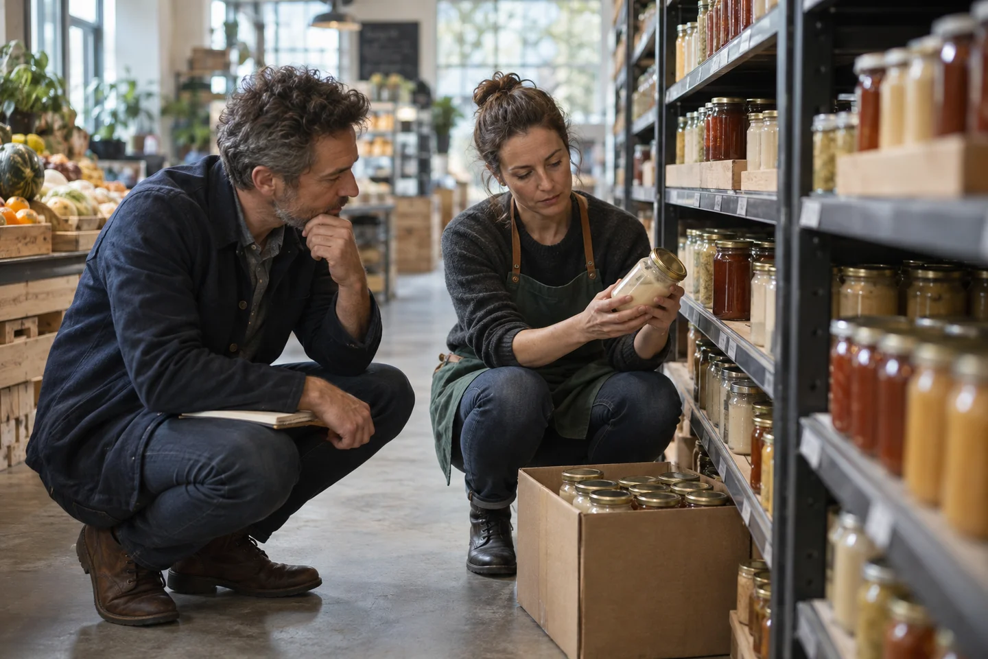 Editorial photograph in a modest grocery retail aisle: a small food brand owner and store buyer inspecting plain jars displayed on a retail shelf, a cardboard case of the same jars at their feet