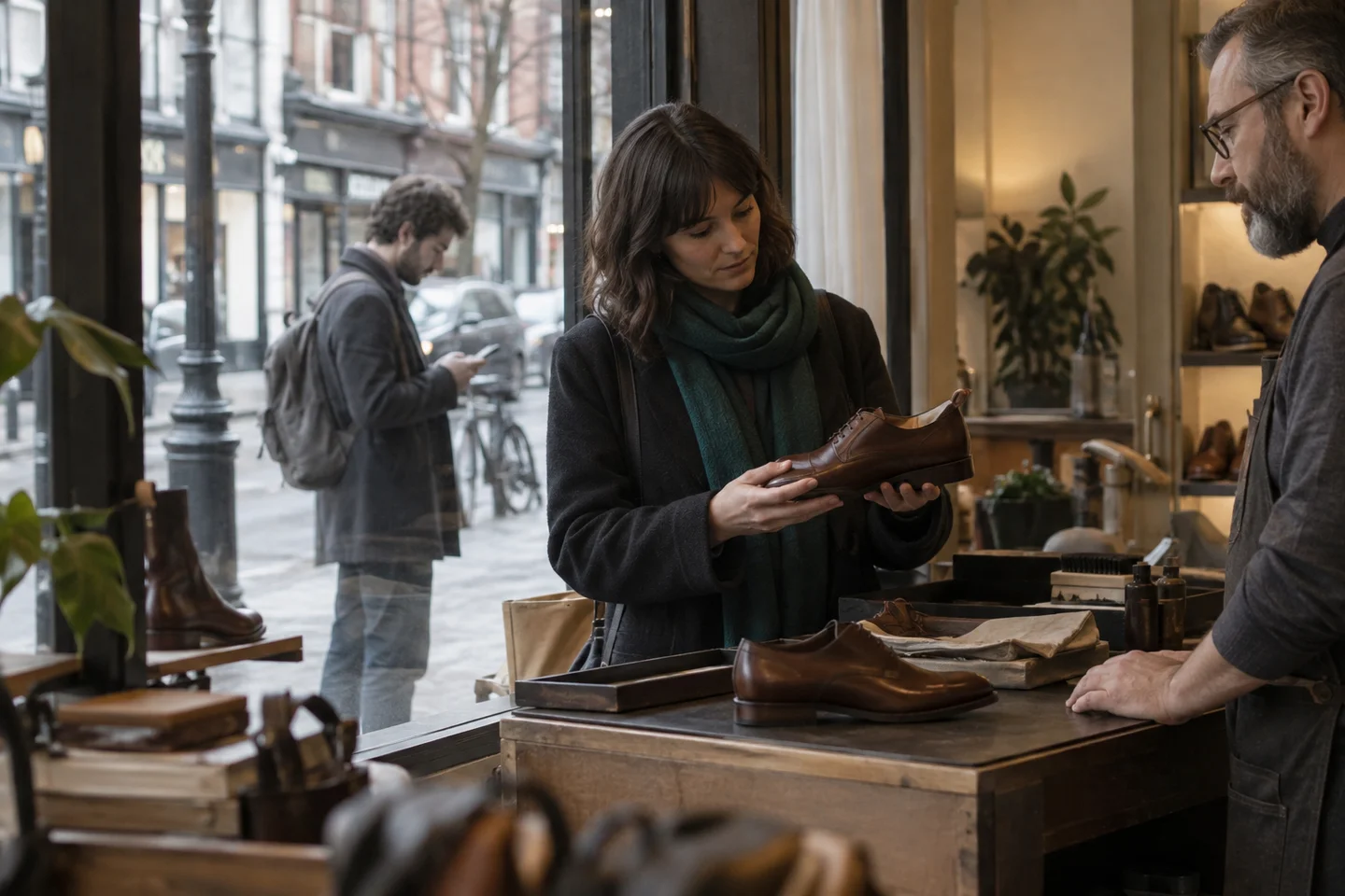 A customer examining a pair of leather shoes at a small boutique counter while another customer outside looks at the shopfront on a phone, layered composition through the window