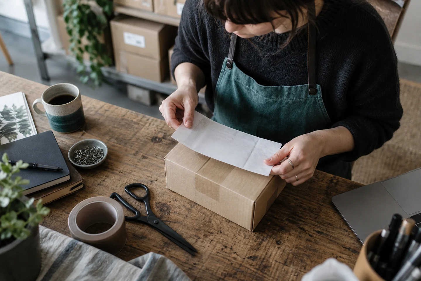 Close overhead documentary photograph of a shop worker matching a face-down delivery receipt with a completed small parcel at an order desk, laptop mostly cropped out, careful hands and paper textures